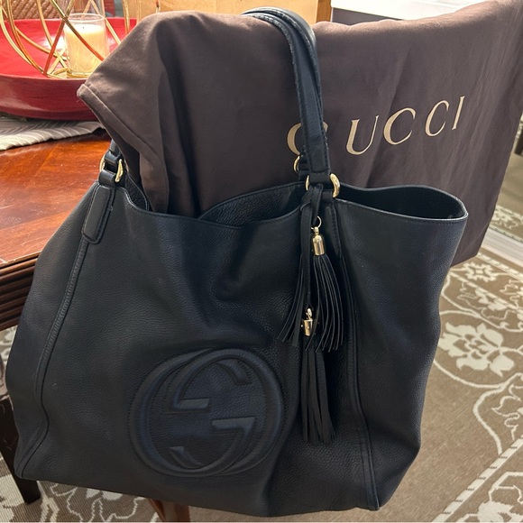 Gucci Handbags - Gucci Black Leather Shoulder Bag with Gold Accents